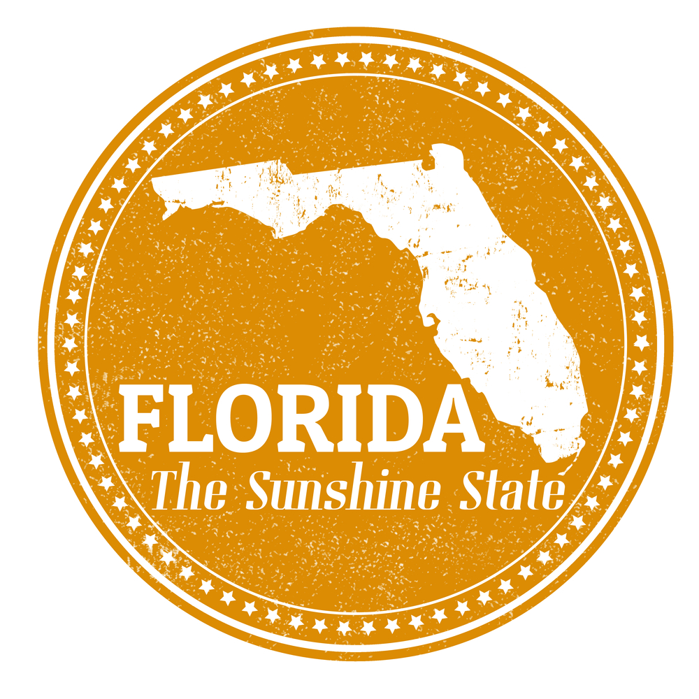 Vintage stamp with text The Sunshine State written inside and map of Florida , vector illustration