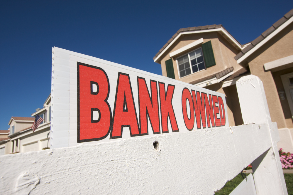 Bank Owned Real Estate Sign and House with American Flag in the Background.