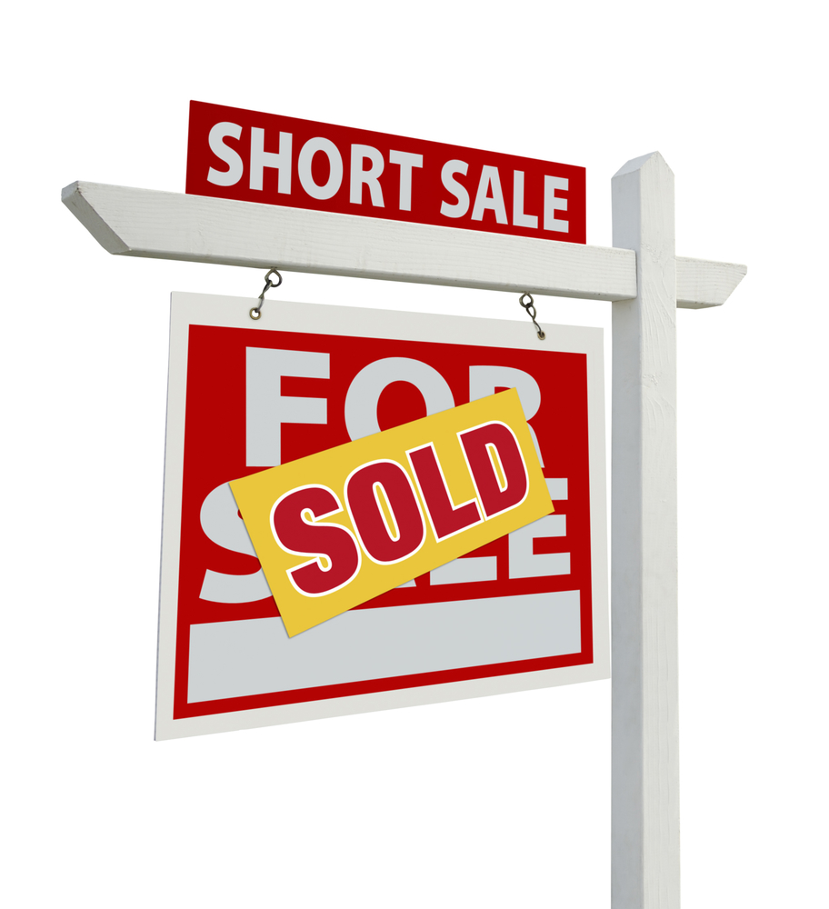 Sold Short Sale Home For Sale Real Estate Sign Isolated on a White Background with Clipping Paths - Left Facing.